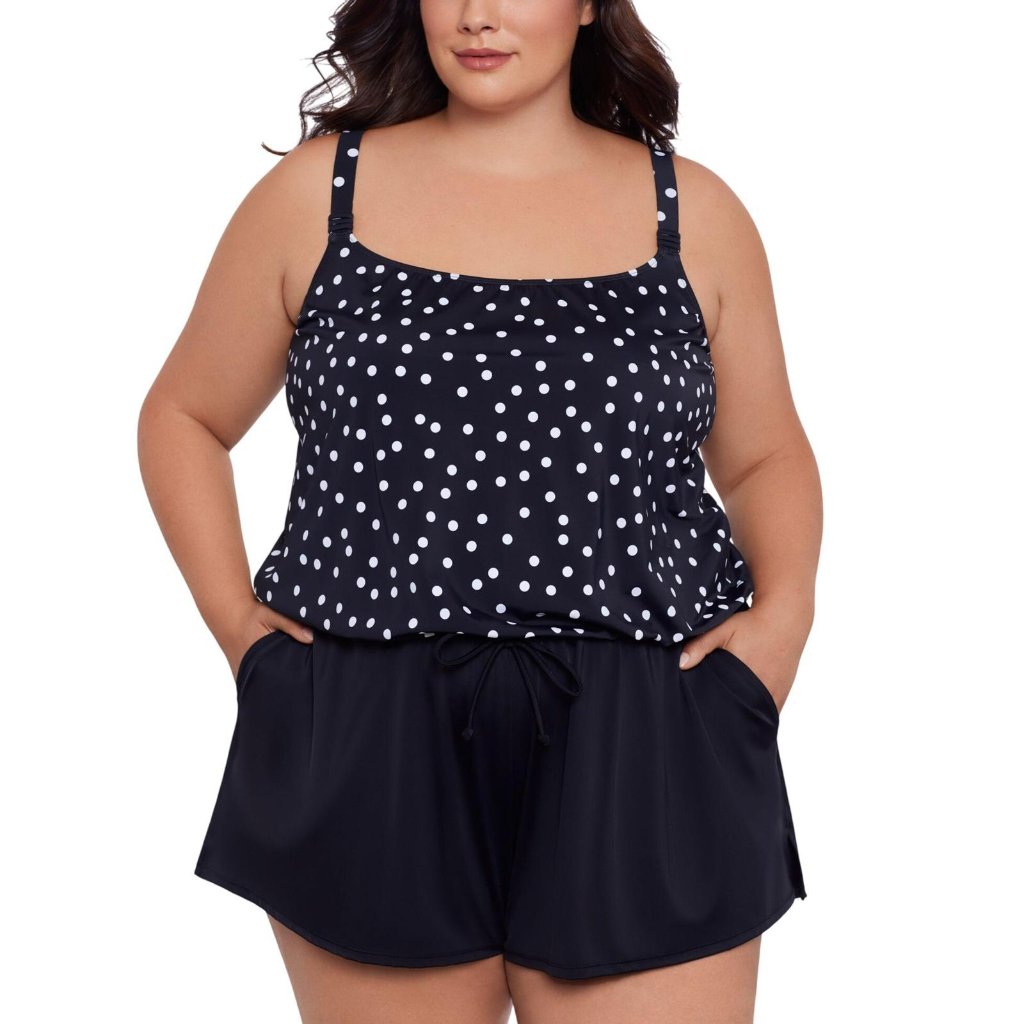 Nwt Swim Solutions Size Polka Dot Swim Romper One Piece Rain Of Dots Black 18w